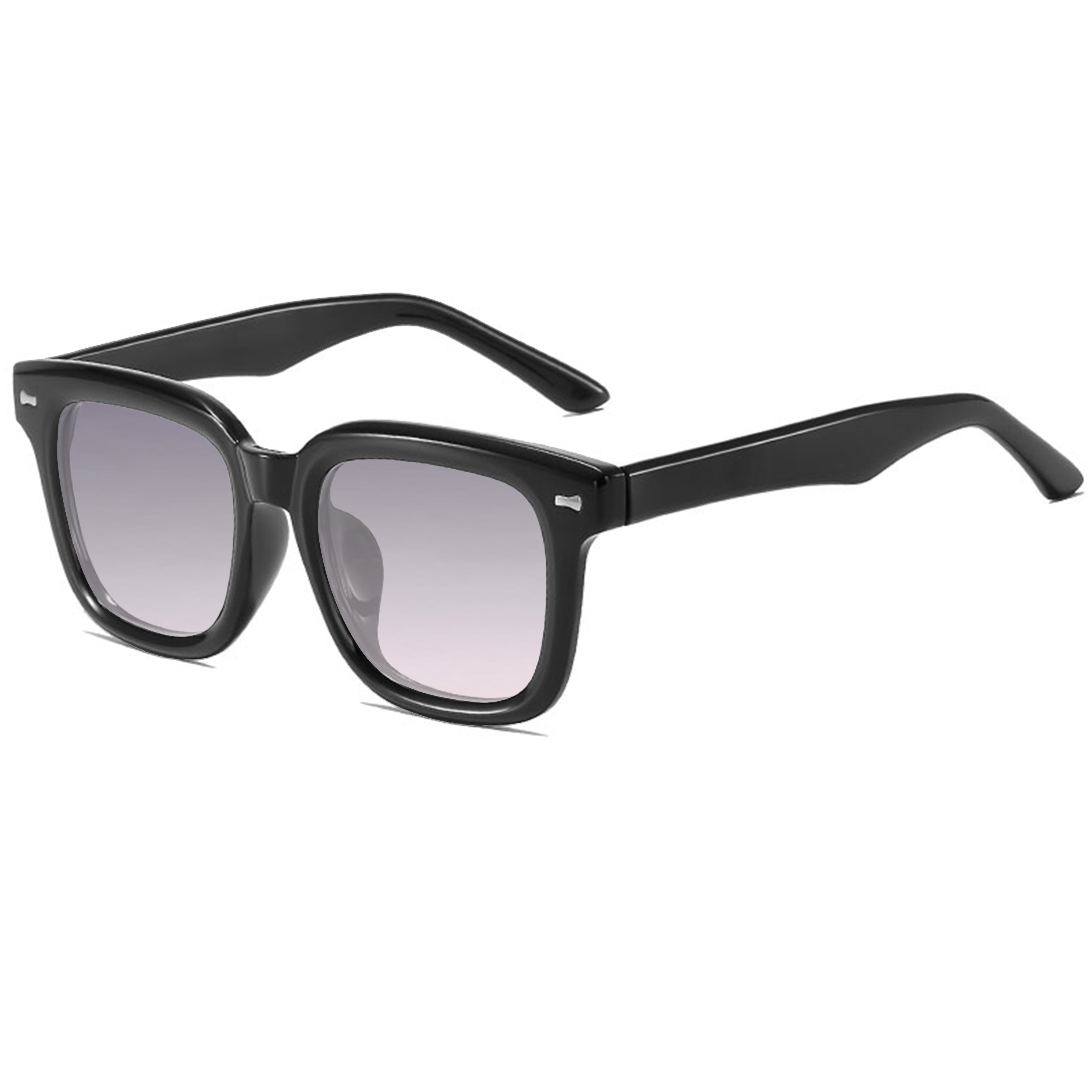 Black oversized sunglasses with gray lenses on a white background